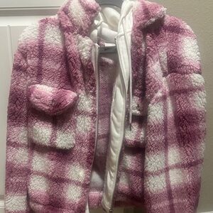 Fuzzy womens Pink and White Plaid zip hoodie jacket size medium new
